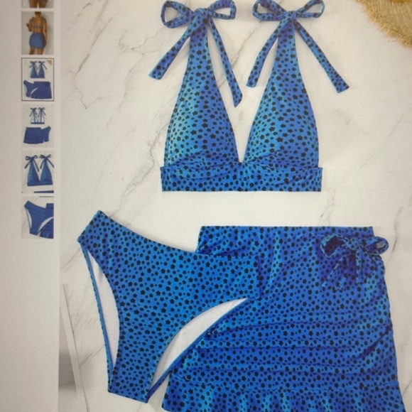 New Ditsy 3-Pcs Floral Tie Shoulder High Waist Bikini with Skirt Blue Various - Picture 6 of 6